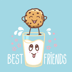 Chocolate cookie and glass of milk vector card hand drawn pink background illustration with text best friends. Cute cookies love milk in cartoon style. Love sweet food