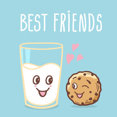 Chocolate cookie and glass of milk vector card hand drawn pink background illustration with text best friends. Cute cookies love milk in cartoon style. Love sweet food