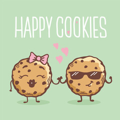 Chocolate Cookies vector Card Background with text Happy Cookies. Cute cartoons happy funny two Cookies Romantic Love style illustration for design