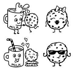 Chocolate cookies and milk vector bundle hand drawn colors illustration isolated on white for print or desing. Cute cookies love glass of milk in cartoon style. Love sweet food