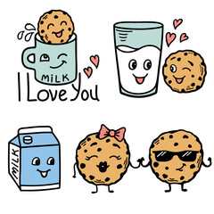 Chocolate cookies and milk vector bundle hand drawn colors illustration isolated on white for print or desing. Cute cookies love glass of milk in cartoon style. Love sweet food