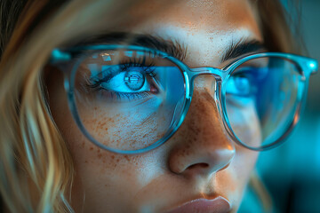 Girl works on internet. Reflection at the glasses from laptop. Close up of woman's eyes with black female glasses for working at a computer.