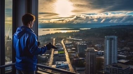 Skilled professional cleaning windows on a high rise building, ensuring spotless surfaces