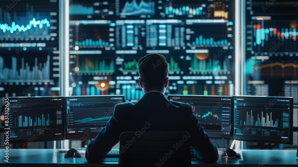Poster a man is seated at a desk in front of three computer monitors, focused on his work.