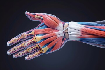 An educational 3D illustration of the human hand and wrist anatomy, displaying the skeletal structure, muscle groups, and connective tissues with precise labeling for each component