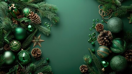 Green toned Christmas & New Year banner with beautiful decorations, Christmas tree and blank space for text, magical atmosphere