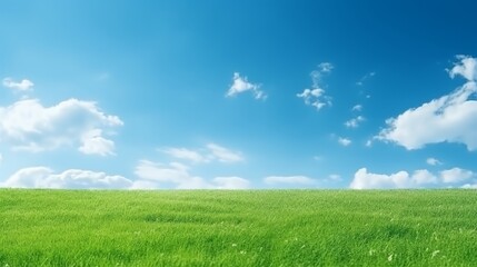 Obraz premium Tranquil summer landscape green field and blue sky with fluffy clouds, perfect lawn on sunny day