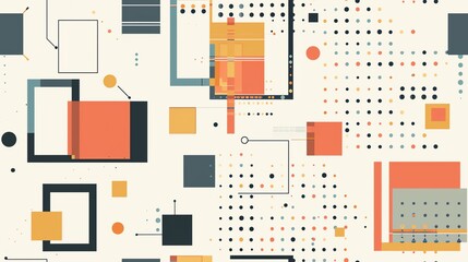 Minimalistic design seamless pattern with intersecting geometric squares and dots, highlighting a clean and orderly aesthetic