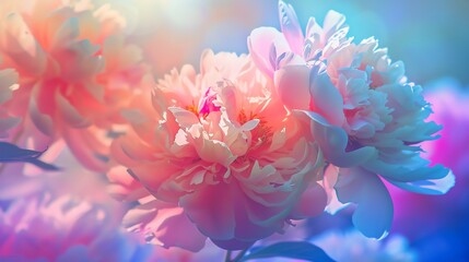 Fototapeta premium Peonies in bloom on pastel background, close up, focus on, vibrant and appealing colors, Double exposure silhouette with garden bouquet