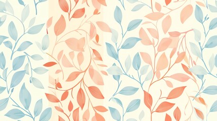 Seamless pattern of hand-drawn pastel-colored leaves and branches, creating a soft and natural design