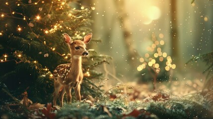 Green toned Christmas & New Year banner with beautiful decorations, baby deer under Christmas tree in forest, blank space for text, magical atmosphere