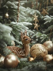 Green toned Christmas & New Year banner with beautiful decorations, baby deer under Christmas tree in forest, blank space for text, magical atmosphere
