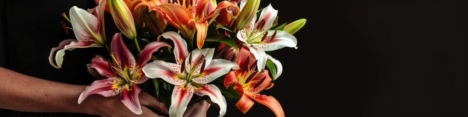Obraz premium A woman holds a bountiful bouquet of lilies