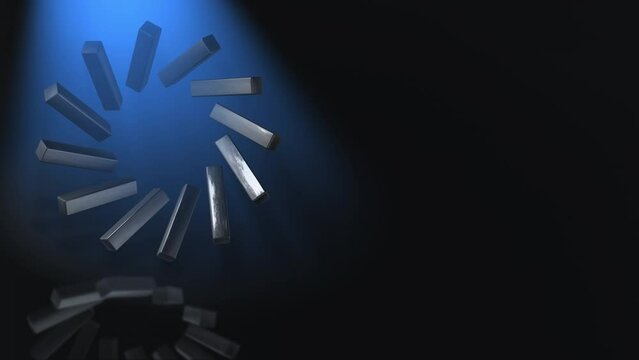 Abstract 3D animation loop of reflective blocks rotating in a radial pattern, with copy space.
