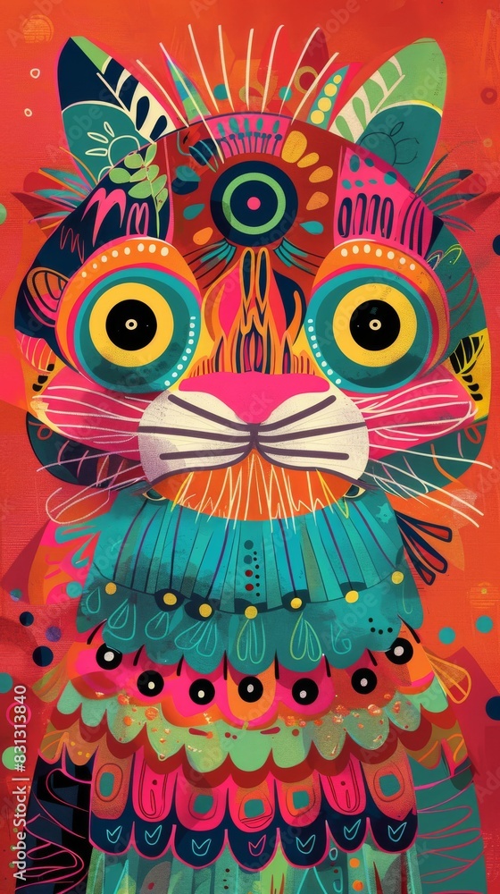 Poster vibrant digital art of a whimsical cat with abstract patterns