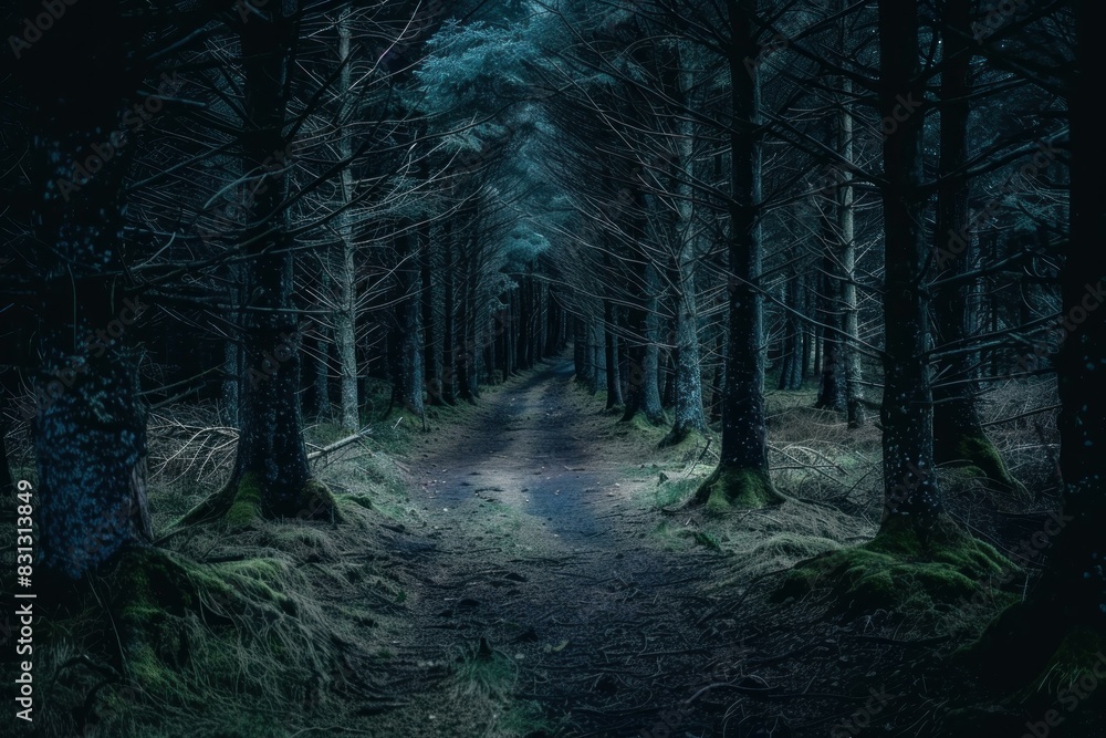 Poster serene and mystical moonlit forest path surrounded by enchanting trees in the tranquil and eerie nig