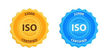 ISO 22000 Quality Management Certification Badge Gold and blue. Vector illustration
