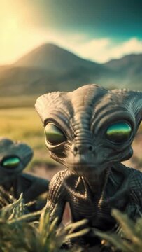 Close-up of a young alien in a green field. Extraterrestrial beings in a natural setting. Sci-fi, fantasy world, futuristic environment concept. Vertical