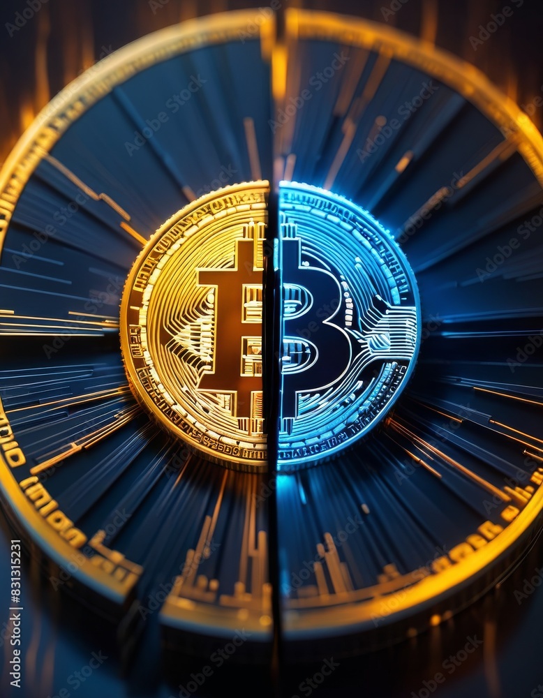 Poster dramatic depiction of a golden bitcoin coin split into a glowing illuminated side and a shadowed sid