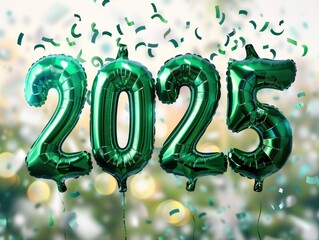 Text "2025" made of green balloons, confetti, new year celebration, professional photo, bright festive blurred background