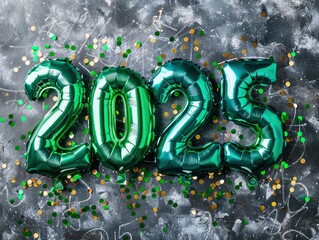 Text "2025" made of green balloons, confetti, new year celebration, professional photo, festive background