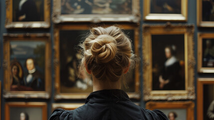 woman looking at the paintings in an art gallery. 