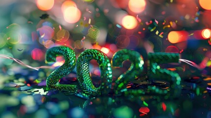 Text "2025" made of green snake skin, confetti, new year celebration, professional photo, bright festive blurred background
