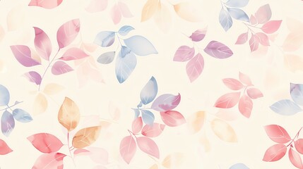 Soft pastel-colored seamless pattern with flat watercolor leaves and blooming flowers, showcasing a harmonious and tranquil design