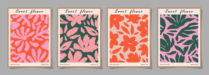 Set of Abstract groovy floral posters. Trendy botanical wall art with flower design print in vibrant colors. Modern naive for interior decor, cover, card, template, banner, wallpaper and background.