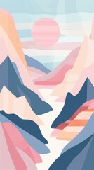 Stylized illustration of mountains at sunset in soft pastel colors