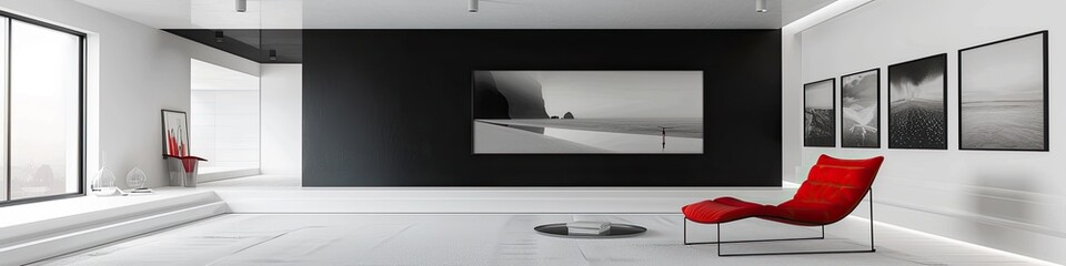 minimalist living room featuring a stark black and white color scheme