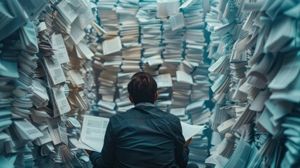 A businessman sitting in front of huge piles of documents and papers feeling surrounded by thousands of pages.