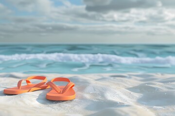Obraz premium Orange Flip-Flops on White Sand by the Sea