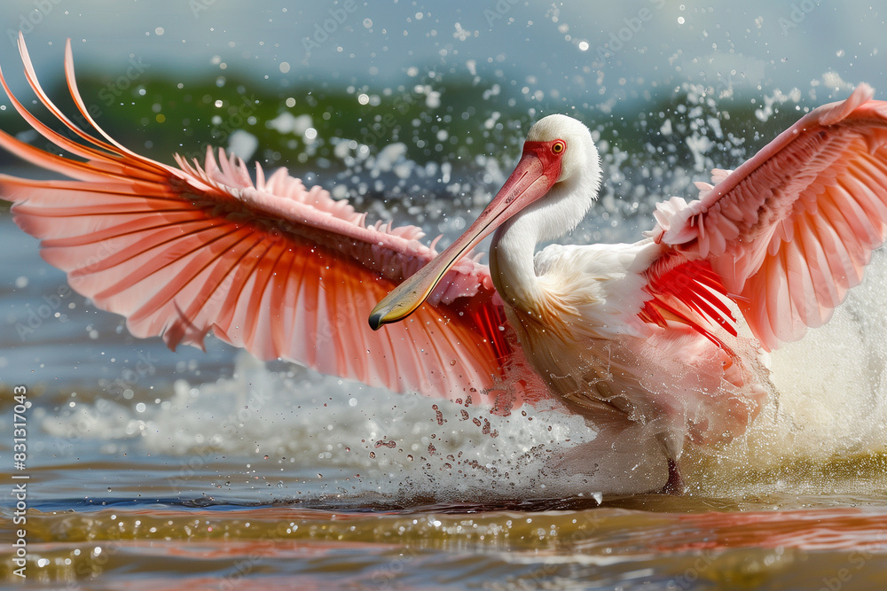 Wall mural AI generated illustration of a pink pelican with wings extended, gliding gracefully on water