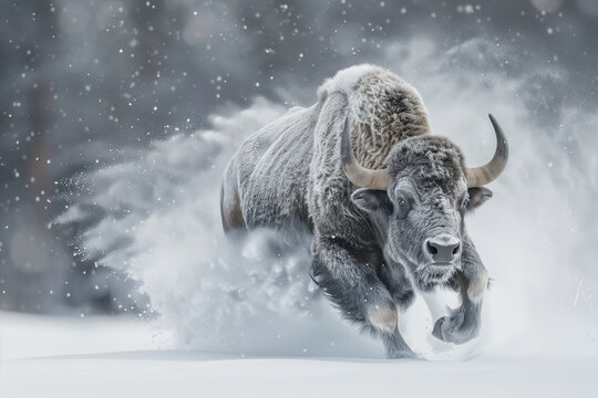 AI generated illustration of a massive buffalo galloping in a snowy blizzard