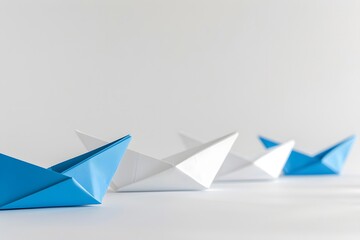 Naklejka premium Blue Paper Boat Leading White Boats on White Background