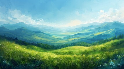 Obraz premium Lush digital painting of a tranquil valley with rolling hills and a clear sky