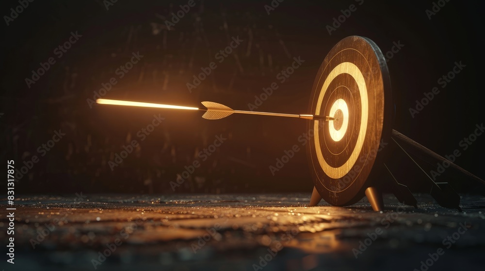 Poster dartboard with a dart hitting the very center, illuminated by a warm light that creates a glowing ef