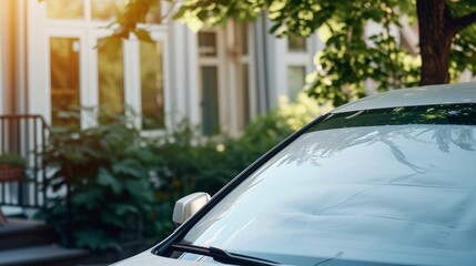 Parked car with its windshield completely covered by a white bedsheet