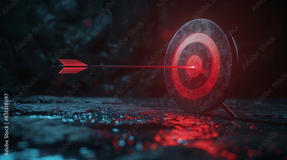 Poster target with a red arrow striking the bullseye, set against a dark, moody background with a reflectiv