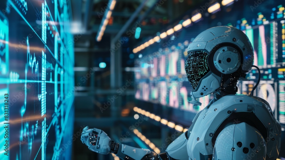 Poster a robot is positioned in front of a massive wall of data, appearing to analyze and process informati