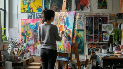 Woman hands hold a brush, add details to the canvas on the easel
