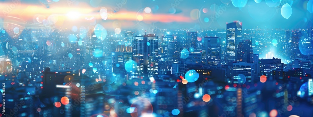 Poster blurred cityscape background with bokeh effect