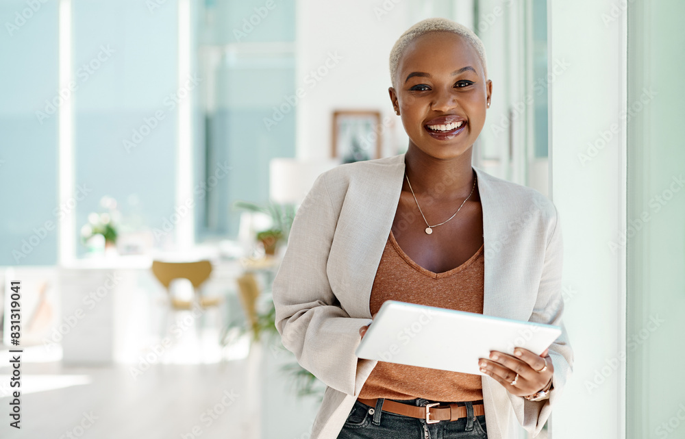 Poster Black woman, smile and portrait with tablet for business, website developer with plan in office. Female coder, ebook and happy with research or review for online app, network project for digital