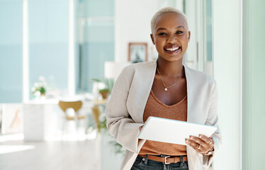 Black woman, smile and portrait with tablet for business, website developer with plan in office....