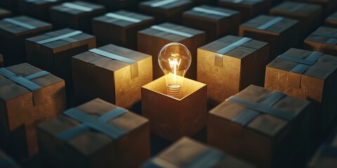 glowing light bulb inside the box among many boxes on dark background