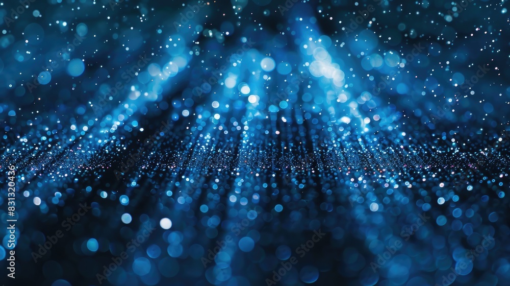 Poster mesmerizing loop of blue glitter particles illuminated by delicate light rays, gently falling in an 