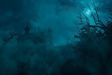 Spooky Haunted House with Full Moon in Foggy Night