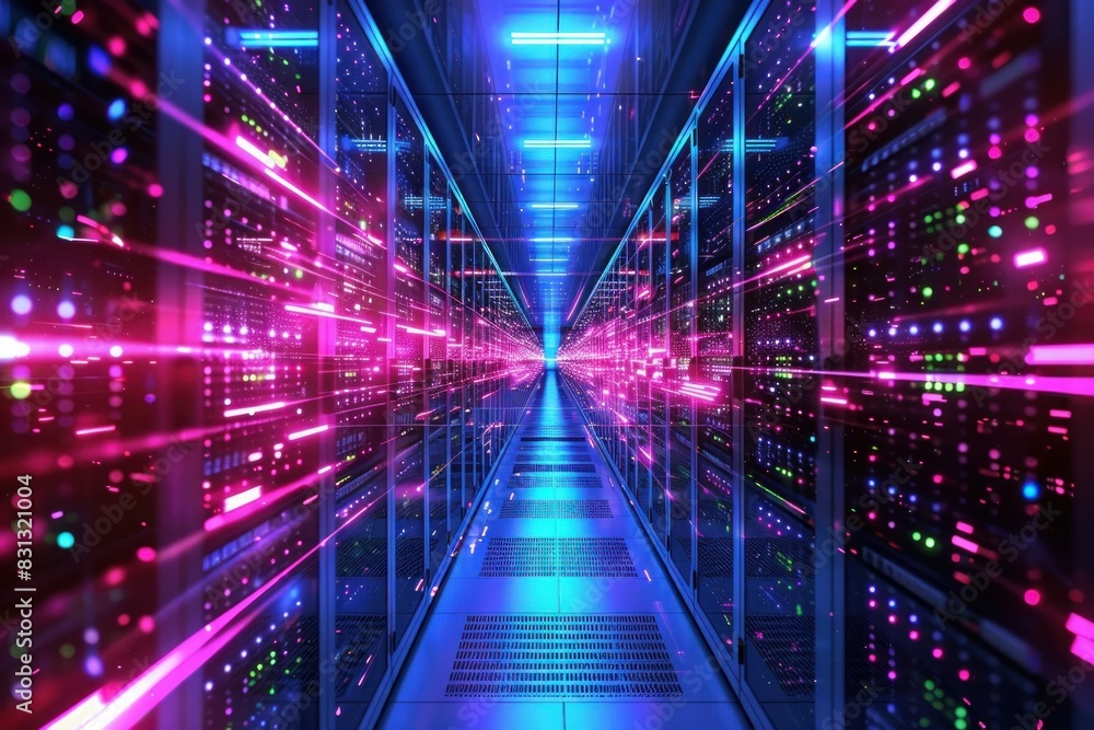 Poster abstract 3d render of a data center corridor illuminated by vivid neon lights