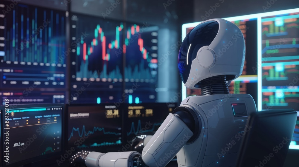 Poster a robot is seated in front of a computer monitor, appearing to be engaged in some form of digital ta